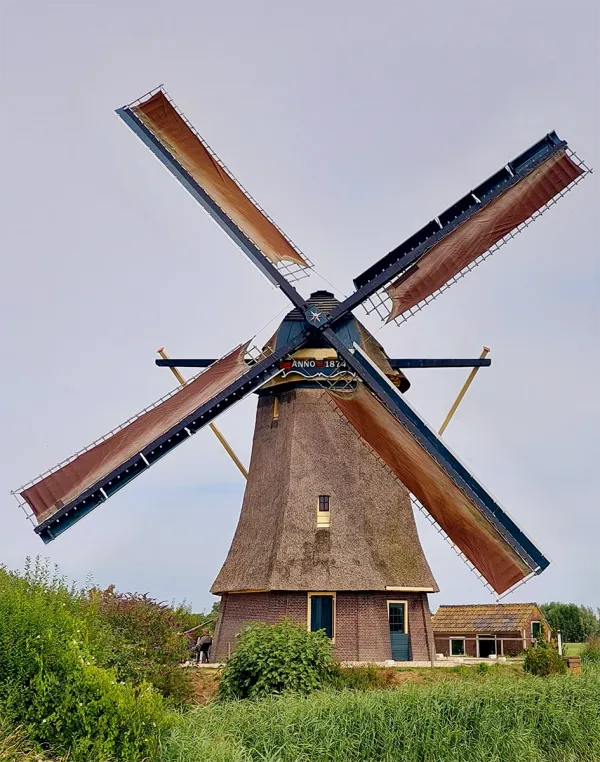 De Hoekermolen in bedrijf, met draaiende wieken